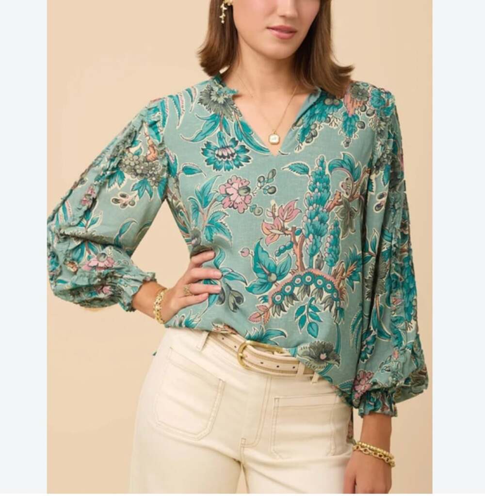 Spartina 449 Wilenna Blouse Womens M Green Floral V Neck Long Sleeve Boho Top